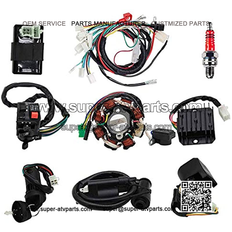 Complete Wiring Harness kit With Electrics Stator Coil CDI Wiring Harness Solenoid Relay Spark Plug For ATV Quad 4 Four Wheelers 150CC 200CC 250CC Go Kart Dirt Pit Bikes by KAKO