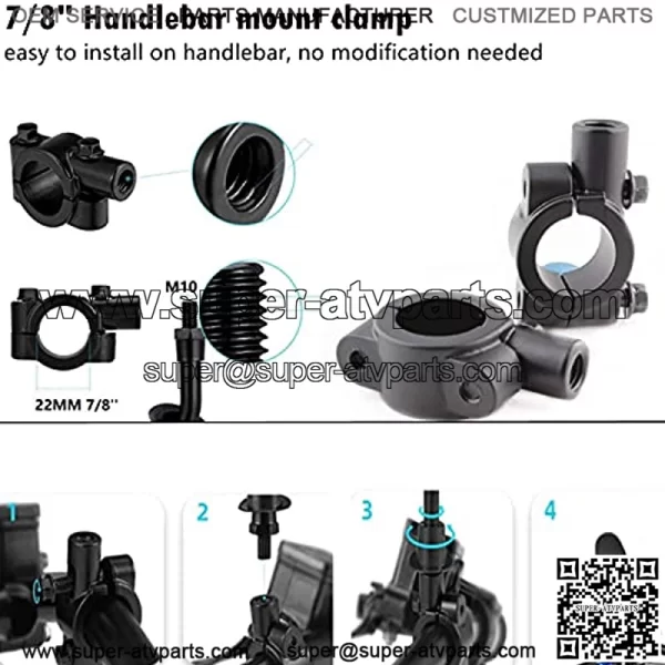 Motorcycle Rearview Mirror with 7/8" Aluminum Handlebar Mount Clamp Adapter, Black ATV Side Mirror Universal 10mm Compatible with Scooter Dirt Bike Cruiser - Image 4