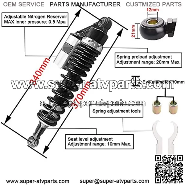 Pair Adjustable 13.5 Inch 340mm ATV Motorcycle Air Shock Absorbers Nitrogen Suspension Universal Fit for ATV UTV Go Kart Quad Dirt Sport Bikes Cafe Racer (Gold and Black) - Image 3
