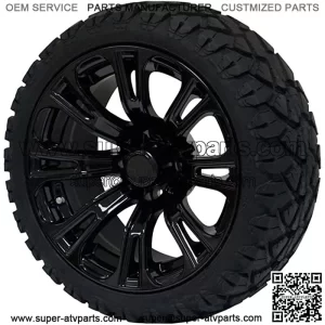 14" Black 'Voodoo' Golf Cart Wheels and 20"x8.5"-14 STINGER On-Road/Off-Road DOT rated All-Terrain tires - Set of 4, includes Black 'SS' center caps and 1/2x20 Black lug nuts