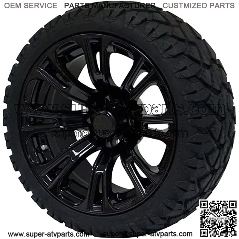 14" Black 'Voodoo' Golf Cart Wheels and 20"x8.5"-14 STINGER On-Road/Off-Road DOT rated All-Terrain tires - Set of 4, includes Black 'SS' center caps and 1/2x20 Black lug nuts