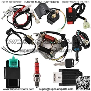 Complete Electrics Stator Coil CDI Wiring Harness Switch lock Ignition Switch Solenoid Relay Spark Plug for 4 Stroke ATV 50cc 70cc 110cc 125cc Pit Quad Dirt Bike Go Kart