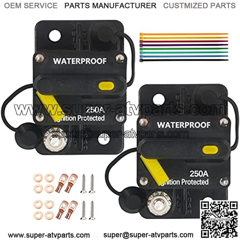 250 Amp Circuit Breaker of 2 Pack with Manual Reset Wire Terminal Copper Washer Screws and Cable Ties for Car Marine Trolling Motors Boat ATV Manual Power Protect 12V-48VDC, Waterproof
