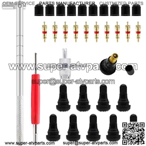 Tyre Valve Stem Puller Tools Set with 10 Pcs TR412 Snap-in Valve Stems with Valve Stem Cores, 1 Pcs Dual Single Head Valve Core Remover 1 Pcs 4-Way Valve Tool