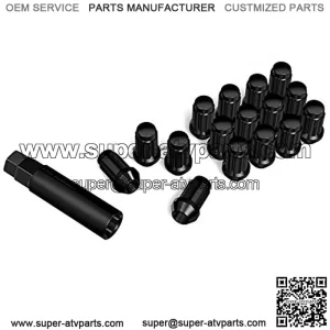 16pcs Black Spline Drive Lug Nuts - 10x1.25 Threads - 1.4 inch Length - Closed End, Cone Acorn Taper Seat - Includes Socket Key Tool - Compatible with Honda Yamaha CanAm Suzuki Kawasaki Arctic Cat ATV