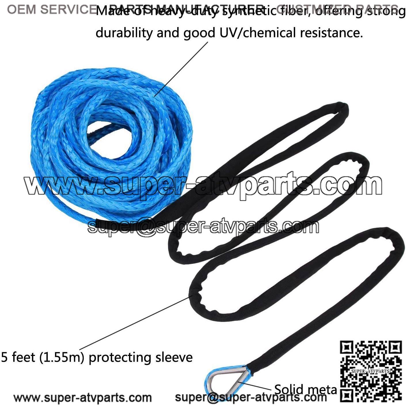 1/4 Inch x 50 Feet 10,000LBs Synthetic Winch Line Cable Rope with Black Protecing Sleeve for ATV UTV (Blue) - Image 3