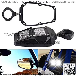 UTV Rear Side View Mirror with LED Spot Light Fits For 1.75-2 Inch Roll Bar with Ball Joint High Impact Shatterproof Tempered Glass Cage (1 Pair,Compatible With Polaris RZR XP 1000 RZR 900 ),5% coupon