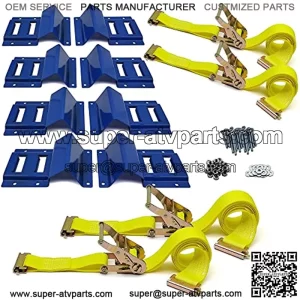 Wheel Chock Tie Down Kit, Trailer Tie Down Strap Kit, Heavy Duty Trailer Tie Down System for UTV, ATV, Mower, etc, Wheel Chock & Tie-Down Accessories, 4-Tire Kit