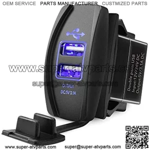 Switchtec 4.8 Amps Dual USB Rocker Switch Style Charger w/Blue Voltmeter for Boats, RZR 900, RZR 1000, Ranger, Mobile Home, RV, Spyders, Maverick, SxS, Golf Cart, Off Road Vehicles, RV, Side by Sides