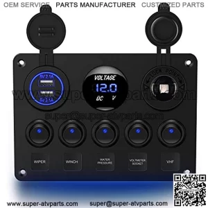 90101E 5Gang Multi-Function 5 Gang Rocker Dual USB r + Digital Volmeter +12V Outlet Pre-Wired Switch Panel with Circuit Breakers for RV Car Boat Truck Trailer,2 Years Warranty