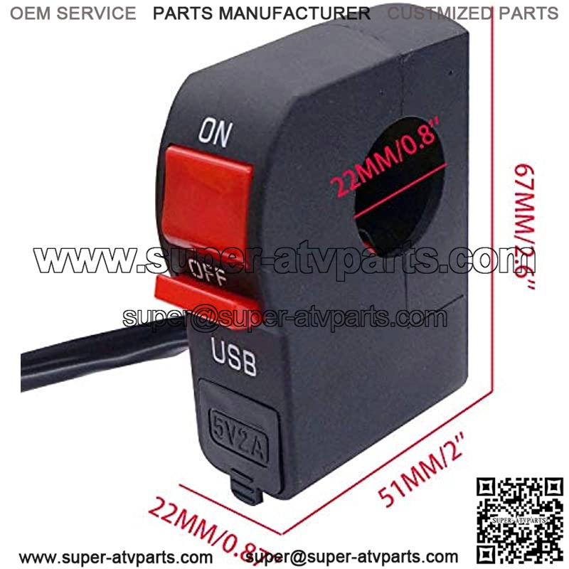 12V Motorcycle Handlebar Push Switch with USB LED Light ON/Off Light Control Switch 7/8" 22mm for Motorcycle Scooter Pit Dirt Bike K-F006 - Image 3