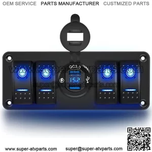 4 Gang Rocker Switch Panel with USB Charger Voltmeter Waterproof 12V-24V DC Rocker Switch with QC3.0 Dual USB Charger and Night Glow Stickers for Cars Trucks Boats RV