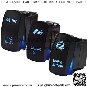 3pcs Rocker Switch Rear Light & Bumper Light & LED Lights Bar Toggle Switch Blue Backlit 5Pin 20A 12V w/Wiring Harness Compatible with UTV ATV Polaris RZR General Kawasaki Can-am Maverick x3 Honda