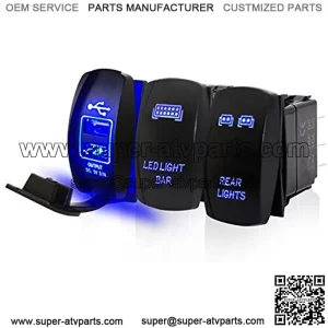 D-Lumina Blue Rocker Switchs 3 piezas incluyen luces traseras y barra de luz LED y cargador de alimentaci??n USB dual panel de interruptor de encendido/apagado para UTV ATV Polaris Ranger RZR Turbo Boa