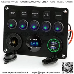 Marine Ignition Toggle Rocker Switch Panel Dual USB Socket Charger 4.2A + LED Voltmeter + 12V Power Outlet + 5 Gang ON-Off Toggle Switch Multi-Functions Panel for RV Car Boat Vehicle Truck Yacht