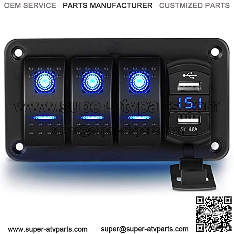 3 Gang Rocker Switch Panel with 4.8 Amp Dual USB Charger Voltmeter Waterproof 12V 24V DC Rocker Switch with Night Glow Stickers for Cars Trucks Boats RVs