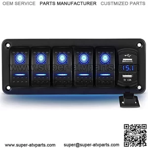 5 Gang Rocker Switch Panel with 4.8 Amp Dual USB Charger Voltmeter Waterproof 12V 24V DC Rocker Switch with Night Glow Stickers for Car Trucks Boats RVs